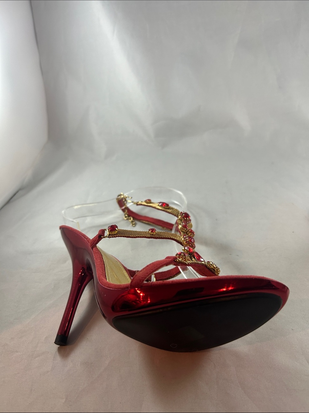 Red Jeweled T-Strap Slingback Heels - Picture 8 of 15